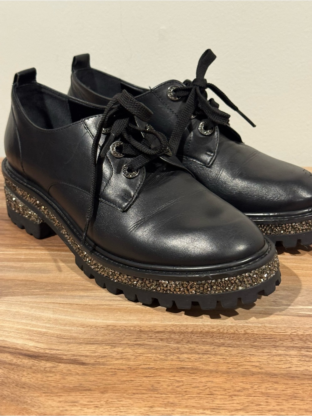 Dune London Franka Black Leather Crystal Platform Derby Shoes EU 38.5 US 8